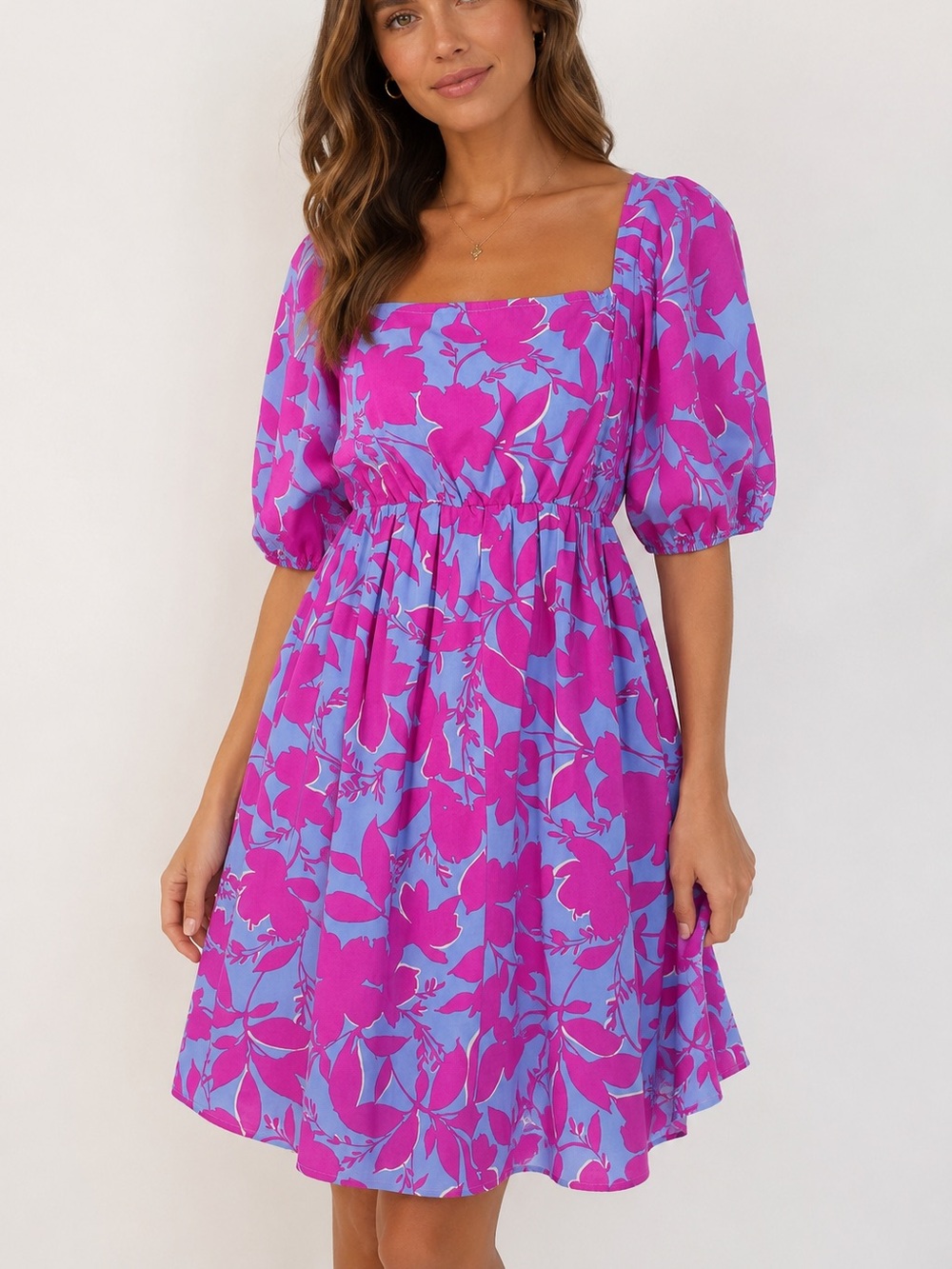 Meet Me In Santorini Floral Blue Pink Above Knee Mini Dress size Medium